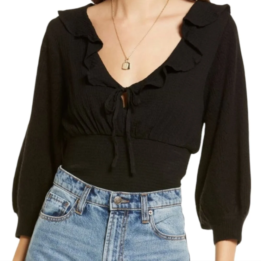 NWT Free People Billie Black Ruffle Smocked Sweater S